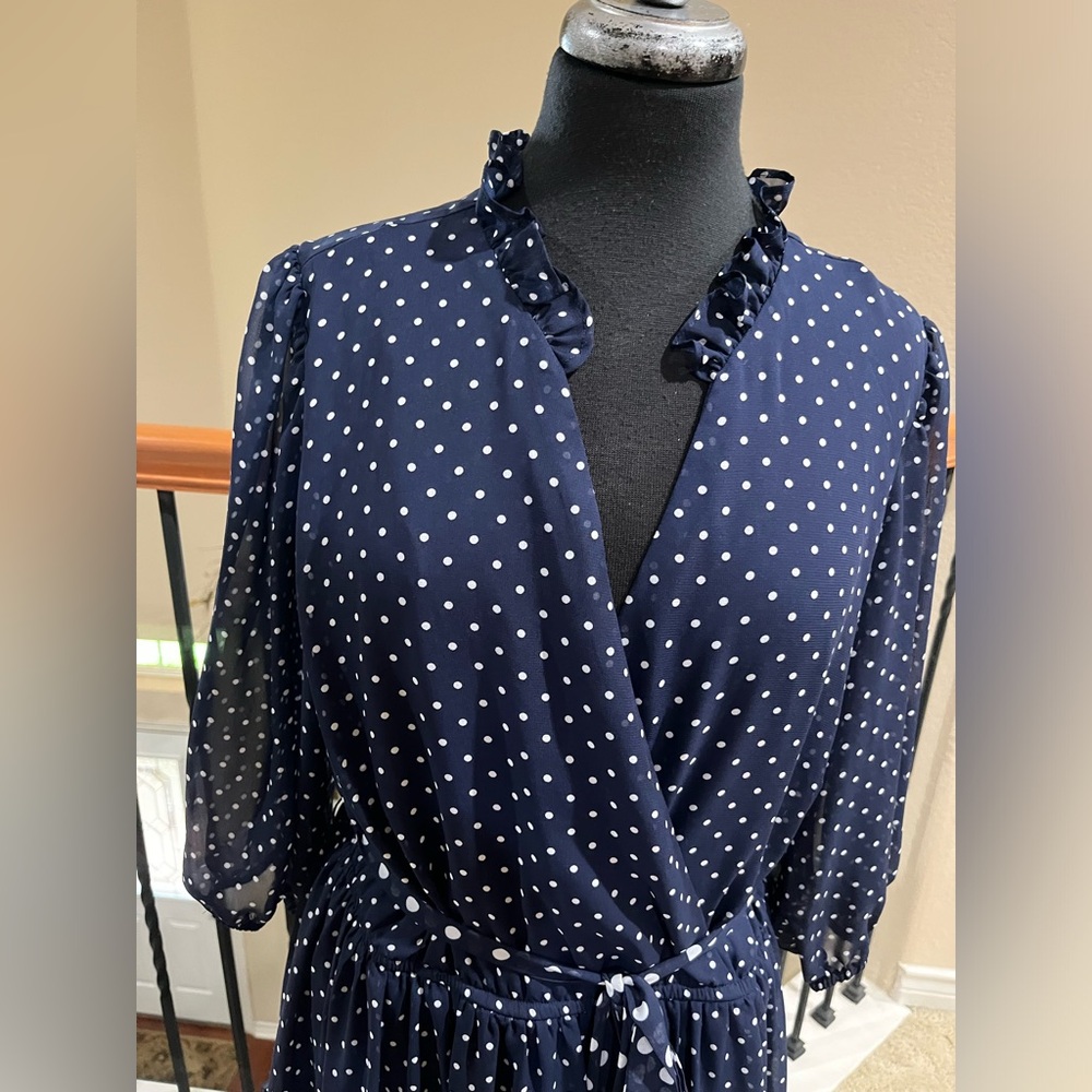 MAISON TARA Navy Polka Dot Long Sleeve TIERED MIDI LENGTH, Dress WOMEN SIZE 16W - Picture 6 of 11